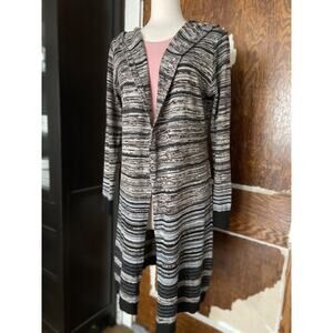 BRITTANY BLACK Long Black/Brown Striped Hooded Cardigan sz M